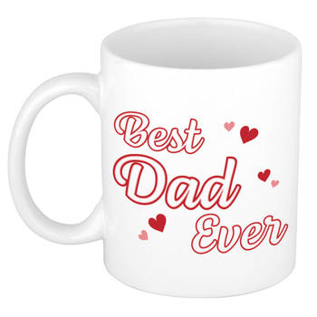 Best dad ever mok / beker wit met rode hartjes - cadeau papa - Vaderdag / verjaardag - feest mokken