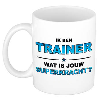 Ik ben trainer wat is jouw superkracht cadeau mok / beker wit en blauw - kado verjaardag - feest mokken