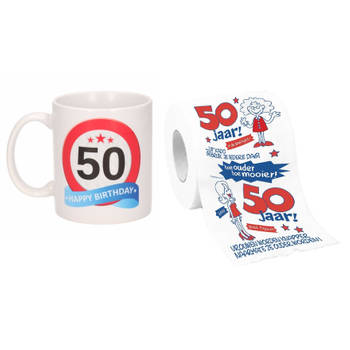 Cadeau set voor 50e verjaardag - Koffie mok en funny Wc-rol - Voor mannen van 50 - feest mokken