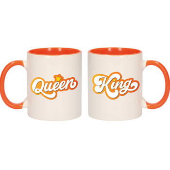 King and queen mok / beker wit en oranje - cadeau set - huwelijk / jubileum / Koningsdag - feest mokken