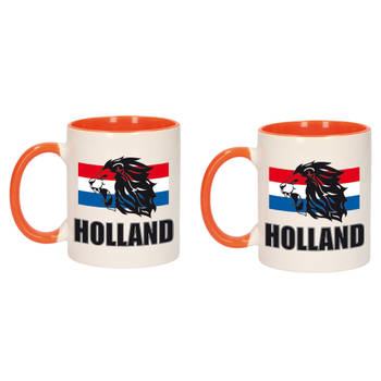 2x stuks mok/ beker wit en oranje Holland vlag en leeuw 300 ml - feest mokken