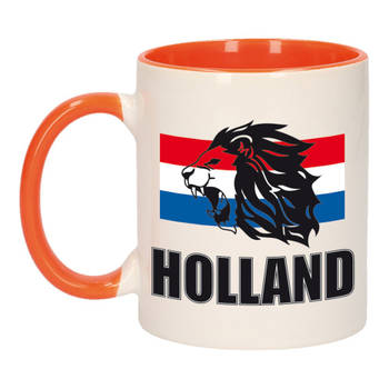 Mok/ beker wit en oranje Holland vlag en leeuw 300 ml - feest mokken