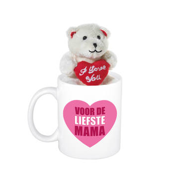 Cadeau beker hartje voor de liefste mama + beertje met hartje - Moederdag/ Moeder cadeautje - feest mokken
