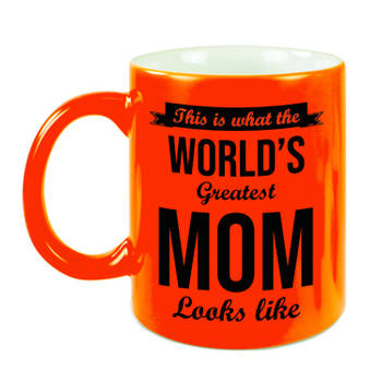 Worlds Greatest Mom cadeau mok / beker neon oranje 330 ml - Cadeau moeder - feest mokken