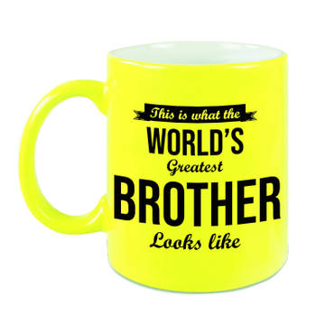 Worlds Greatest Brother cadeau mok / beker neon geel 330 ml - feest mokken