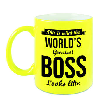 Worlds Greatest Boss cadeau mok / beker neon geel 330 ml - feest mokken