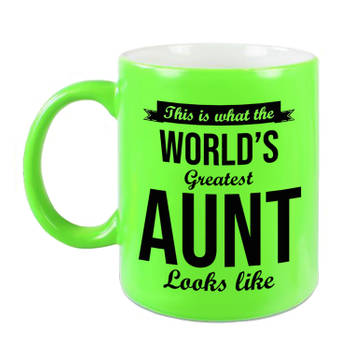 Worlds Greatest Aunt / tante cadeau mok / beker neon groen 330 ml - feest mokken