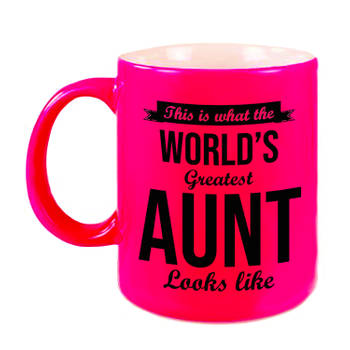 Worlds Greatest Aunt / tante cadeau mok / beker neon roze 330 ml - feest mokken