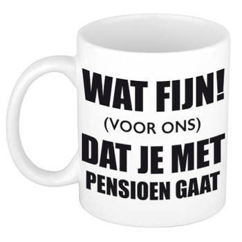 Wat fijn dat je met pensioen gaat witte cadeau koffiemok / theebeker afscheidscadeau 300 ml - feest mokken