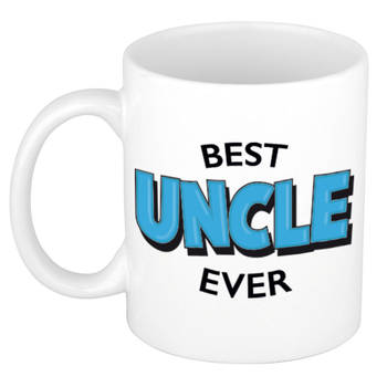 Best uncle ever cadeau koffiemok / theebeker wit met blauwe letters 300 ml - feest mokken