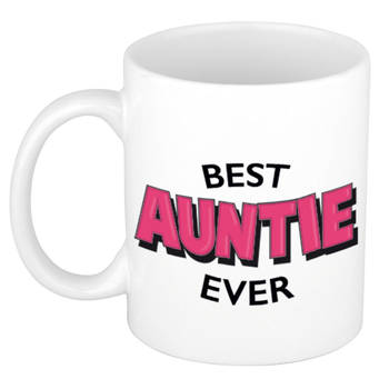 Best auntie ever cadeau koffiemok / theebeker wit met roze letters 300 ml - feest mokken