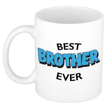 Best brother ever cadeau koffiemok / theebeker wit met blauwe letters 300 ml - feest mokken