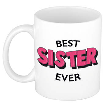 Best sister ever cadeau koffiemok / theebeker wit met roze letters 300 ml - feest mokken