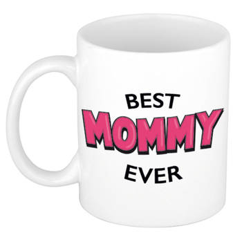 Best mommy ever cadeau koffiemok / theebeker wit met roze letters 300 ml - feest mokken