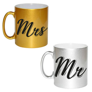 Mrs and Mr bruiloft / bruidspaar cadeau koffiemok / theebeker goud en zilver 330 ml - feest mokken
