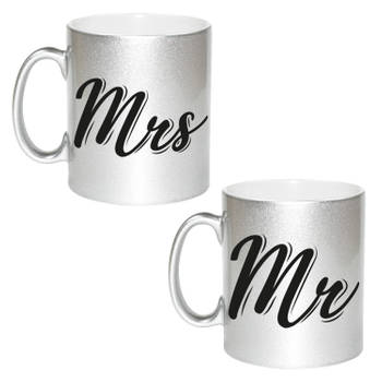 Mrs and Mr bruiloft / bruidspaar cadeau koffiemok / theebeker zilver 330 ml - feest mokken