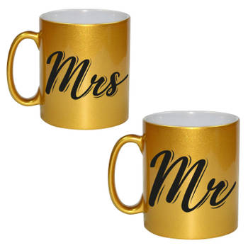 Mrs and Mr bruiloft / bruidspaar cadeau koffiemok / theebeker goud 330 ml - feest mokken
