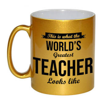 Worlds Greatest Teacher cadeau mok / beker voor juf / meester goudglanzend 330 ml - feest mokken
