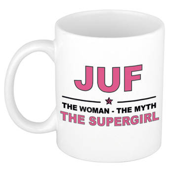 Juf the Woman, the Myth, the Supergirl cadeau mok / beker 300 ml - feest mokken