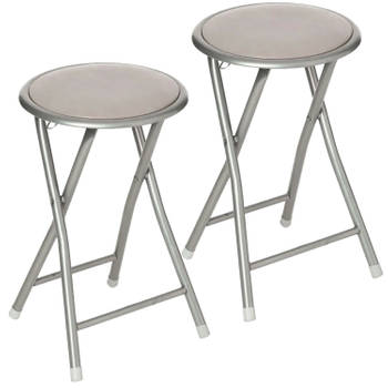 2x stuks bijzet krukje/stoel - Opvouwbaar - zilver/taupe - 46 cm - Bijzettafels