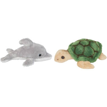 Zeedieren serie zachte pluche knuffels 2x stuks - Dolfijn en Zeeschildpad van 15 cm - Knuffel zeedieren
