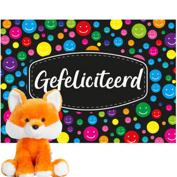 Keel Toys oranje pluche Vos knuffel 14 cm met Gefeliciteerd A5 wenskaart - Knuffel bosdieren