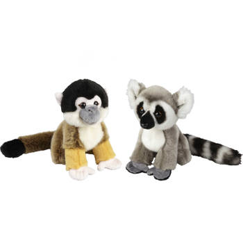 Apen serie zachte pluche knuffels 2x stuks - Ringstaart Maki en Squirrel Aapje van 18 cm - Knuffel bosdieren