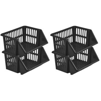 Mand/organizer - 4x - stapelbaar - zwart - 35 x 29 x 27 cm - Opbergmanden