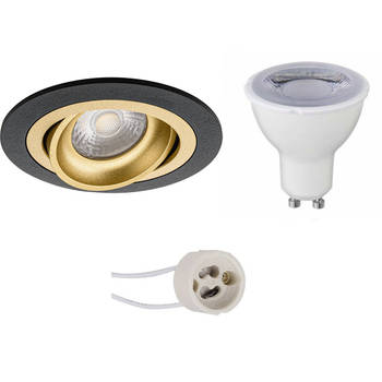 LED Spot Set - Pragmi Alpin Pro - GU10 Fitting - Dimbaar - Inbouw Rond - Mat Zwart/Goud - 6W - Natuurlijk Wit 4200K -