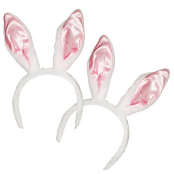 2x stuks verkleed Diadeem wit met roze konijnen/hazen oren - Verkleedhoofddeksels