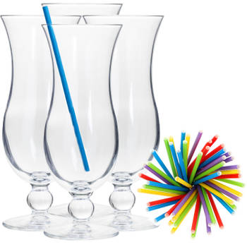 Cocktail set van 4x cocktail glazen en 100x duurzame rietjes gekleurd - Drinkglazen