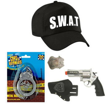 Politie/SWAT team verkleed cap/pet blauw met pistool/holster/badge voor kinderen - Verkleedhoofddeksels