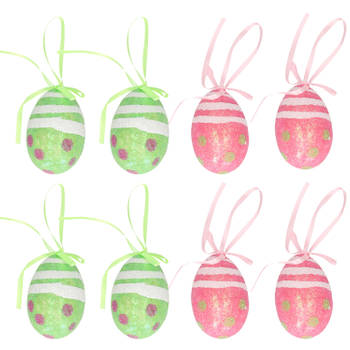 Decoratie paaseieren hangend - 12x stuks - groen/roze - piepschuim - 6 cm - Feestdecoratievoorwerp
