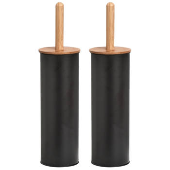2x Stuks WC/Toiletborstel in houder metaal/bamboe hout - zwart - 38 x 10 cm - Toiletborstels