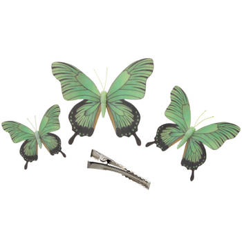 3x stuks decoratie vlinders op clip - groen - 3 formaten - 12/16/20 cm - Hobbydecoratieobject