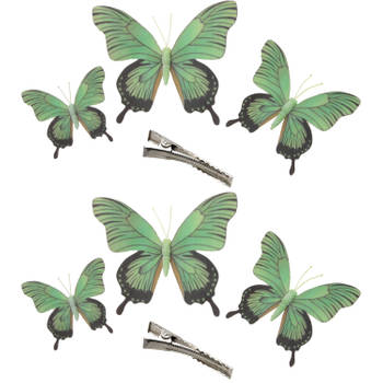 6x stuks decoratie vlinders op clip - groen - 3 formaten - 12/16/20 cm - Hobbydecoratieobject