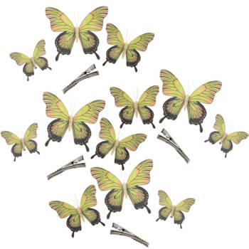 12x stuks decoratie vlinders op clip - geel - 3 formaten - 12/16/20 cm - Hobbydecoratieobject