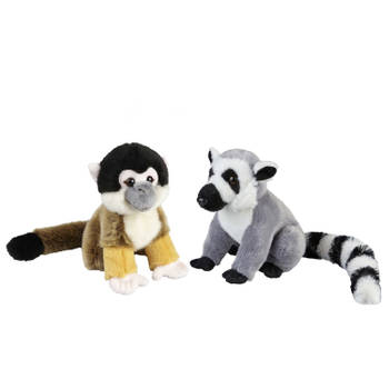 Apen serie zachte pluche knuffels 2x stuks - Ringstaart Maki en Squirrel Aapje van 18 cm - Knuffel bosdieren