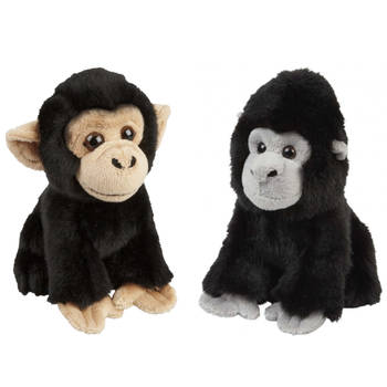Apen serie zachte pluche knuffels 2x stuks - Gorilla en Chimpansee aap van 18 cm - Knuffel bosdieren