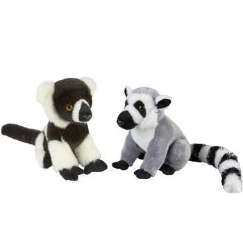 Apen serie zachte pluche knuffels 2x stuks - Ringstaart Maki en Lemur Aapje van 18 cm - Knuffel bosdieren