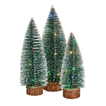 Kleine/mini decoratie kerstboompjes set van 3x st met gekleurd licht 25-35 cm - Kerstdorpen