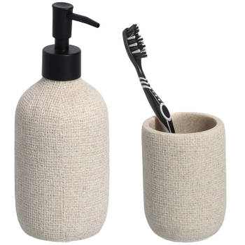 Badkamer accessoires set - kunststeen - jute look - beige - Zeeppompjes