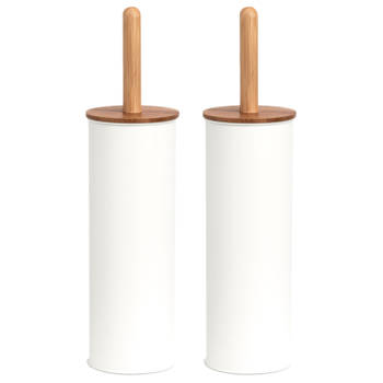 2x Stuks WC/Toiletborstel in houder metaal/bamboe hout - wit - 38 x 10 cm - Toiletborstels