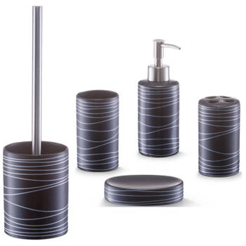 Badkamer accessoires set 5-delig - keramiek - zwart - swirl patroon - Badkameraccessoireset