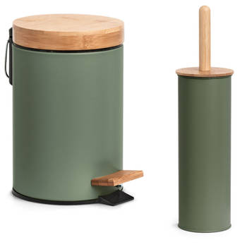 Badkamer/toilet set - WC-borstel en pedaalemmer - metaal - salie groen - Badkameraccessoireset