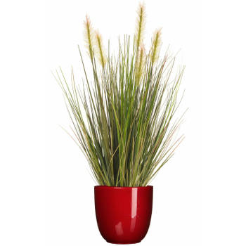 Emerald Kunstplant - groen gras 45 cm - rood glans bloempot - Kunstplanten