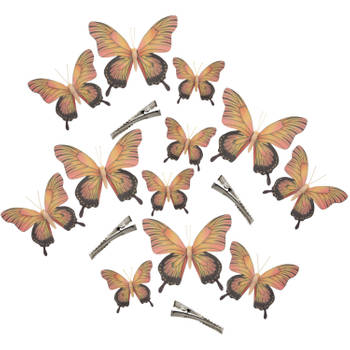 12x stuks decoratie vlinders op clip - geel/roze - 3 formaten - 12/16/20 cm - Hobbydecoratieobject