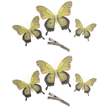 6x stuks decoratie vlinders op clip - geel - 3 formaten - 12/16/20 cm - Hobbydecoratieobject