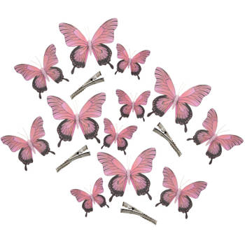 12x stuks decoratie vlinders op clip - roze - 3 formaten - 12/16/20 cm - Hobbydecoratieobject