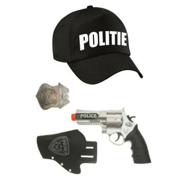 Politie verkleed cap/pet zwart met pistool/holster/badge voor kinderen - Verkleedhoofddeksels